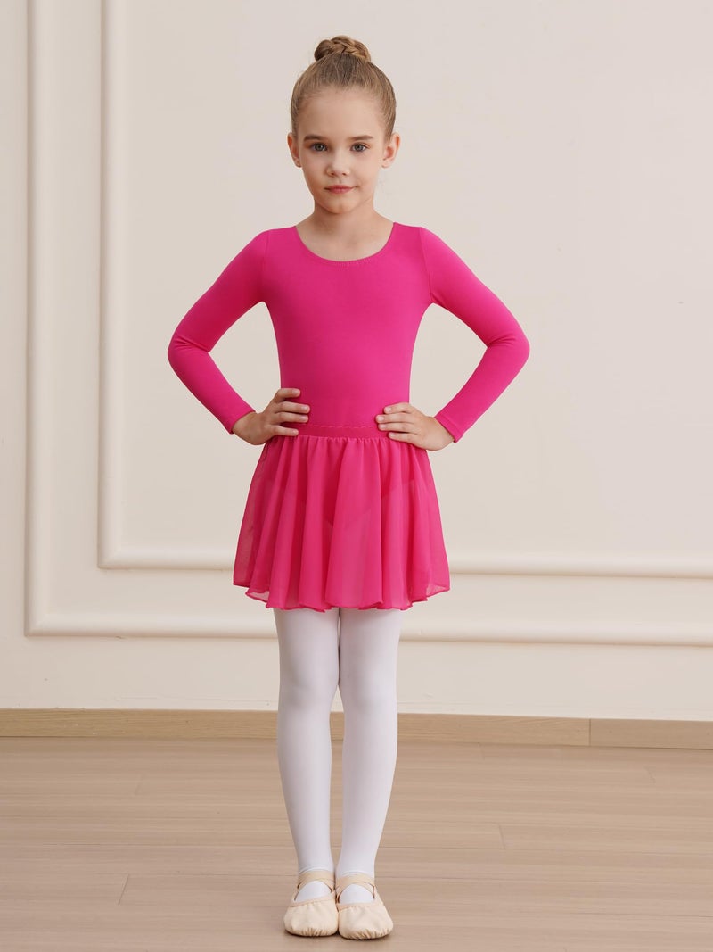WEGETIT Long Sleeve Girls Leotard Gymnastics Leotards for Girls Ballet Dance Dresses with Skirt (Hot Pink,8-10 Years) - Image 2